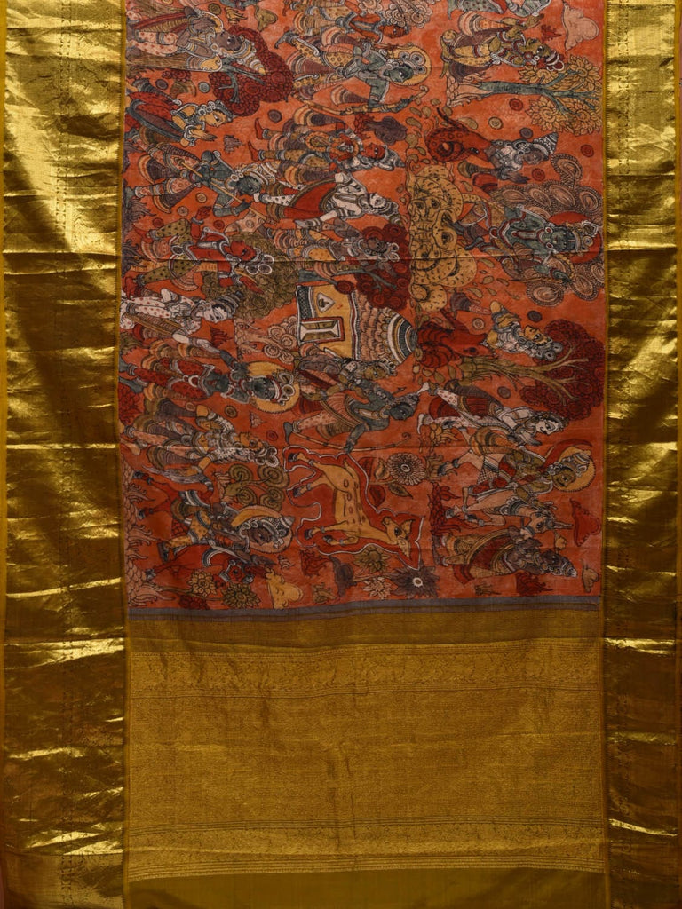 Orange and Mustard Kalamkari Hand Painted Kanchipuram Silk Handloom Saree with Ramayan Design KL0608