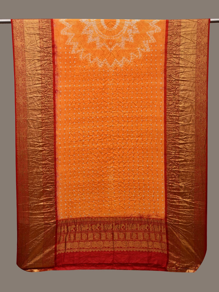 Orange and Red Bandhani Kanchipuram Silk Handloom Dupatta with Border and Chakra Design ds3012