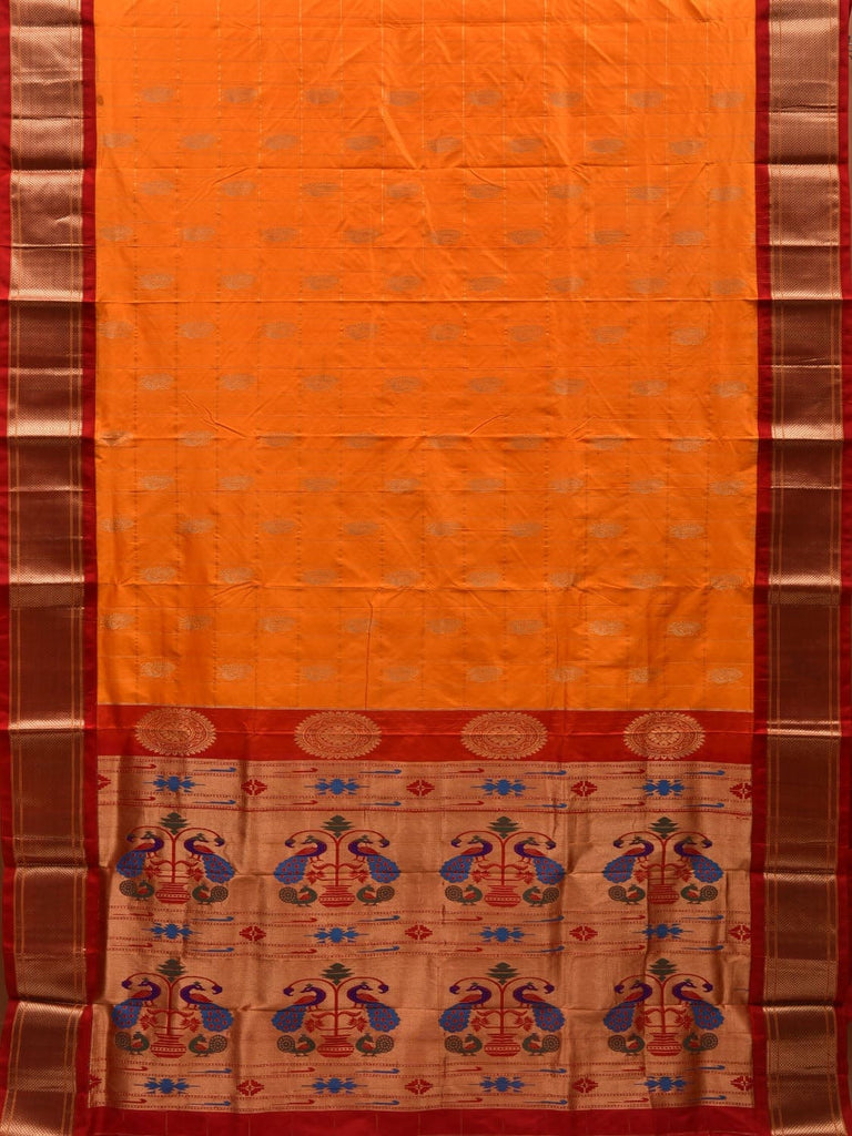 Orange and Red Paithani Silk Handloom Saree with Checks and Body Buta Design p0424