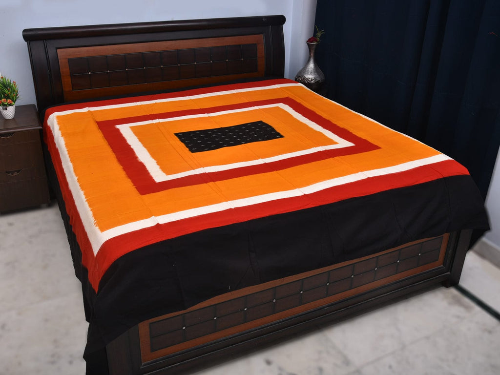 Orange and Red Pochampally Ikat Cotton Handloom Bedsheet with Square Design 90 x 108 Inches No Pillow Covers bd0061