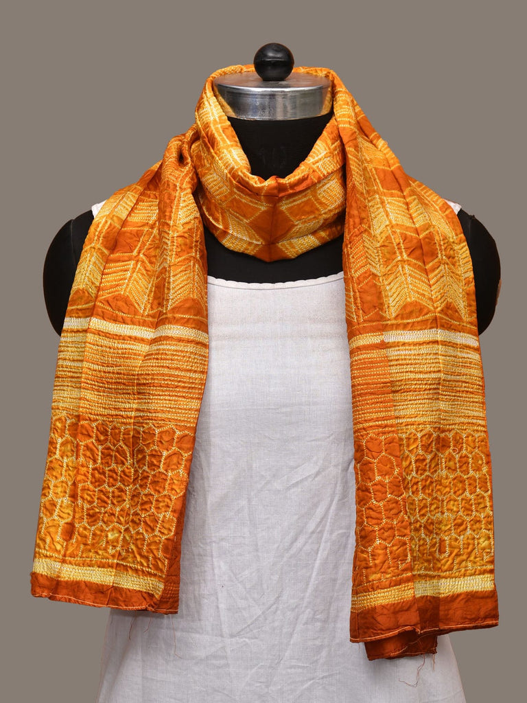 Orange and Yellow Shibori Silk Handloom Stole with Arrow Design ds3155