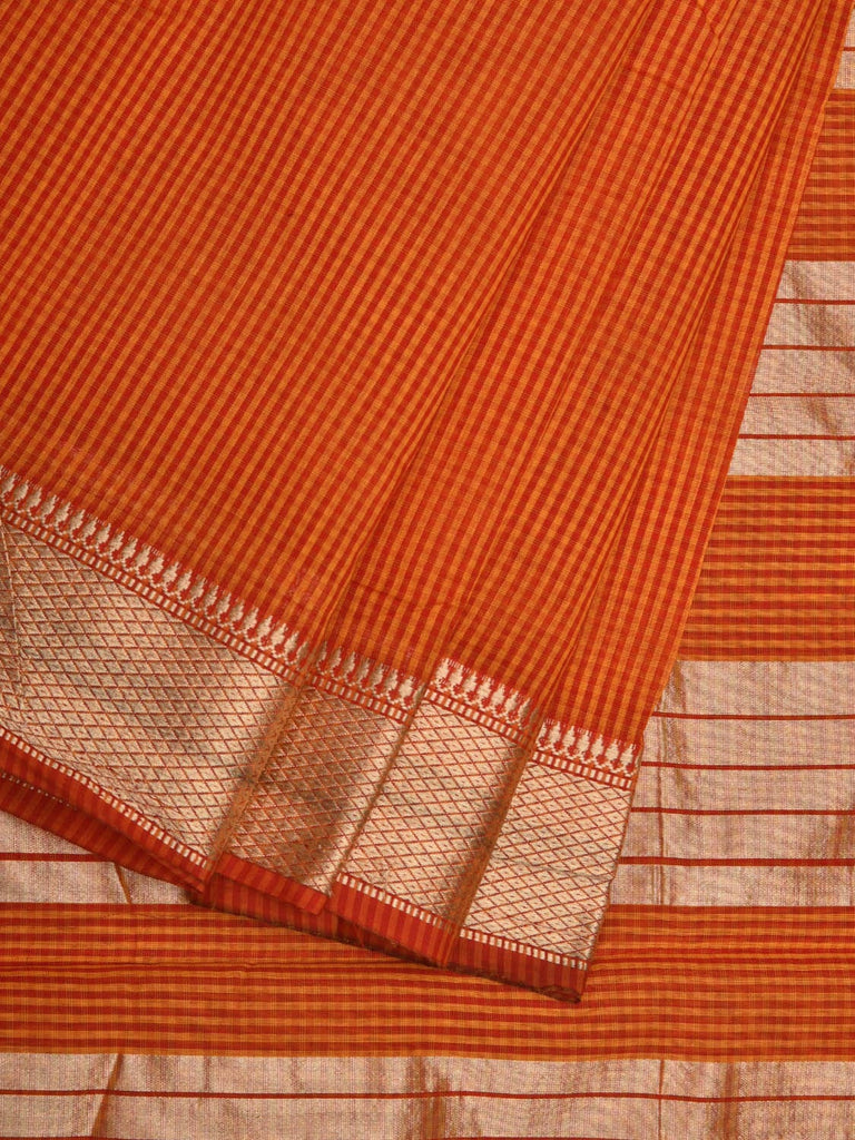 Orange Bamboo Cotton Saree with Small Checks Design No Blouse o0361