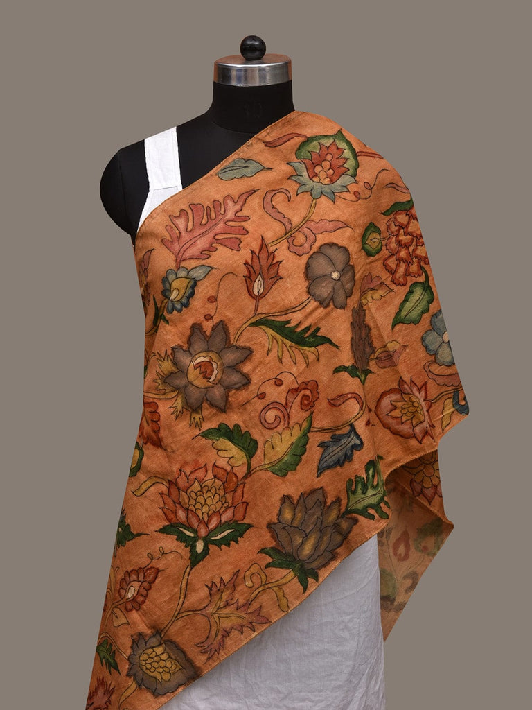 Orange Kalamkari Hand Painted Cotton Handloom Stole with Floral Design ds3033