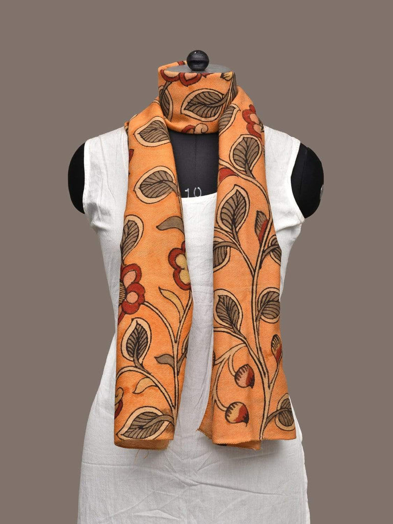 Orange Kalamkari Hand Painted Wool Handloom Stole with Flowers Design ds2025