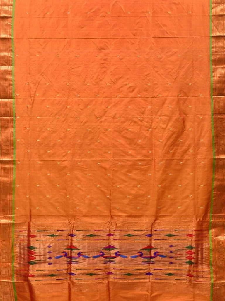 Orange Paithani Silk Handloom Saree with Single Pallu Design p0372