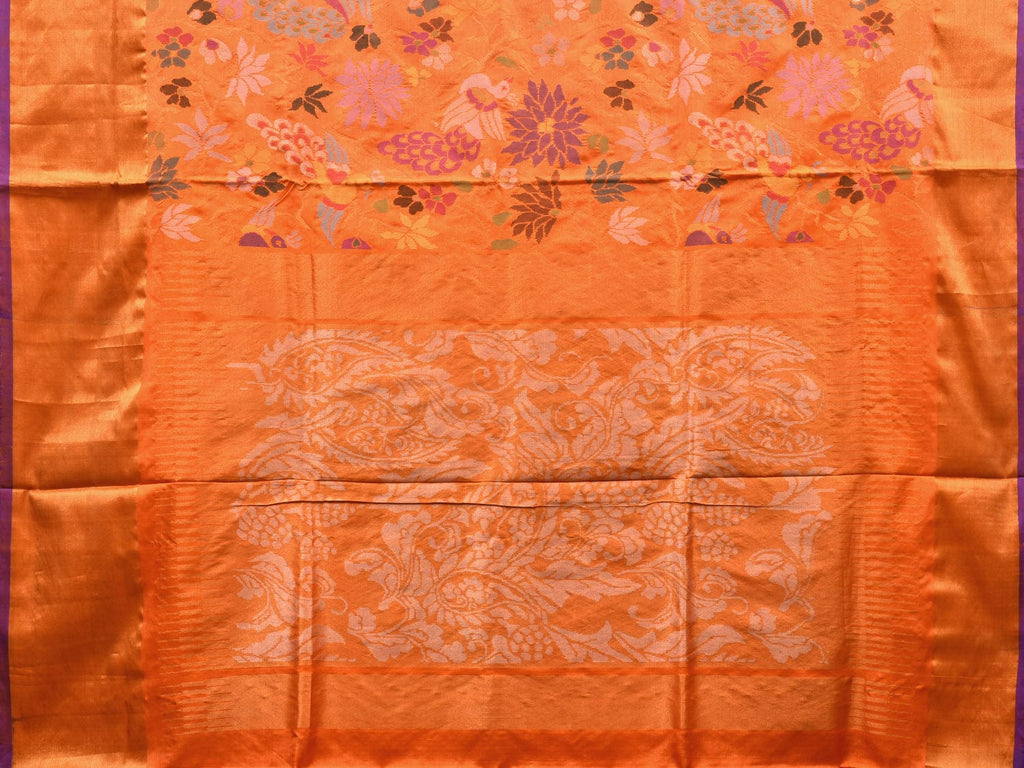Orange Uppada Silk Handloom Saree with All Over Flowers and Peacocks Jamdani Design u1865