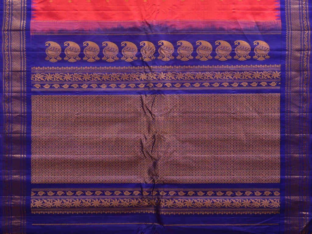 Peach and Blue Gadwal Silk Handloom Saree with Mango Pallu and Temple Border Design g0312