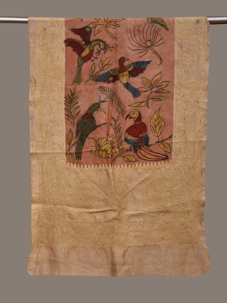 Peach and Cream Kalamkari Hand Painted Silk Handloom Stole with Birds and Embroidary Design ds3009