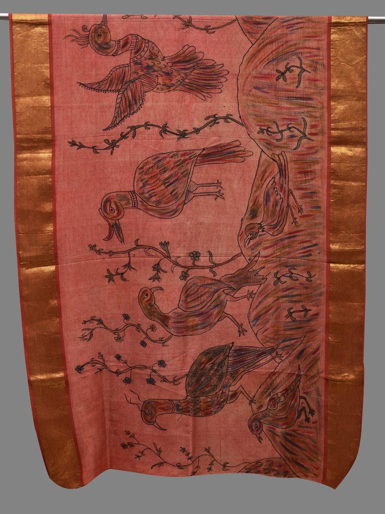 Peach Kalamkari Hand Painted Kanchipuram Silk Handloom Dupatta with Birds Design ds2606