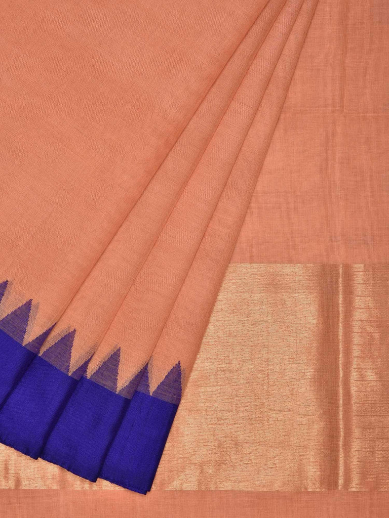 Peach Khadi Cotton Handloom Plain Saree with Temple Border kh0384
