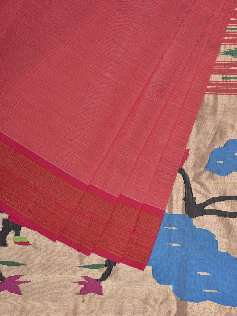 Peach Paithani Cotton Handloom Saree with Peacocks Pallu Design p0472