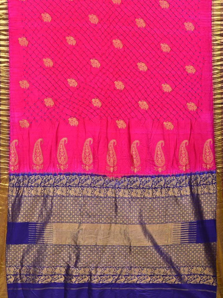 Pink and Dark Blue Bandhani Kanchipuram Silk Handloom Saree with Body Buta Design bn0280
