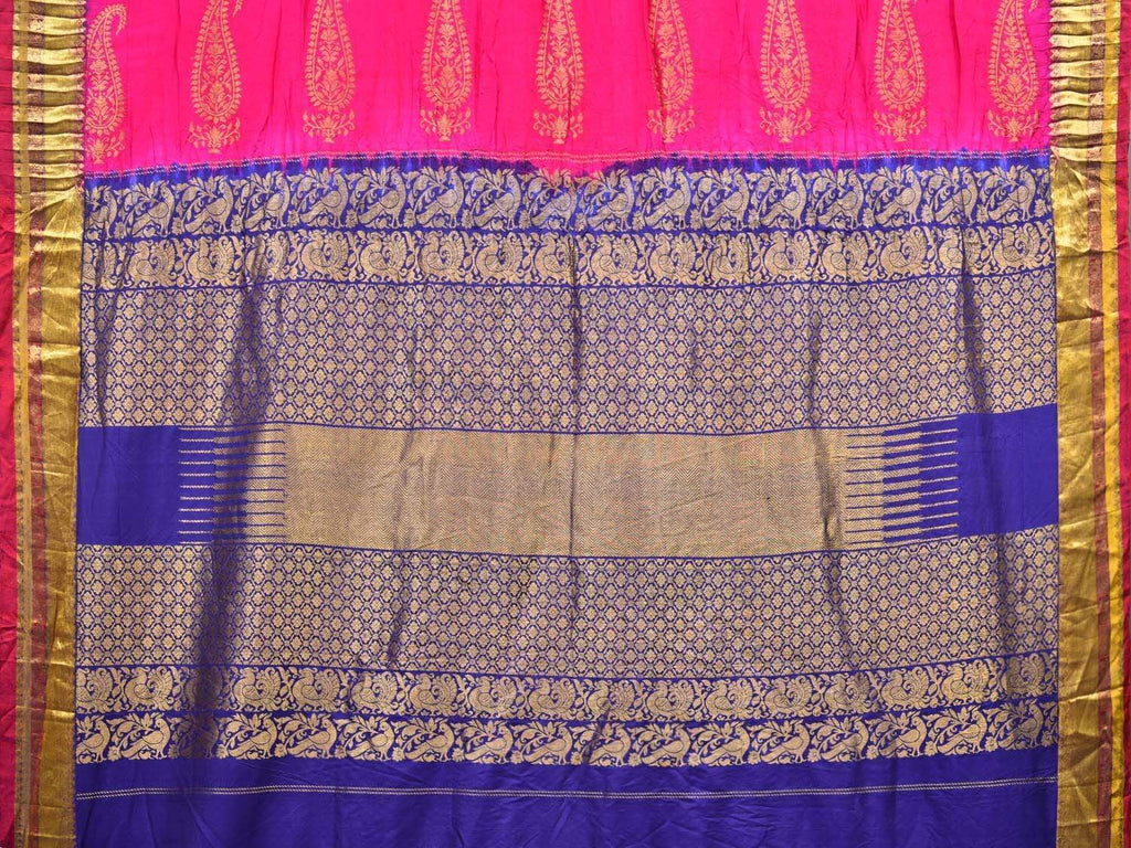 Pink and Dark Blue Bandhani Kanchipuram Silk Handloom Saree with Body Buta Design bn0280