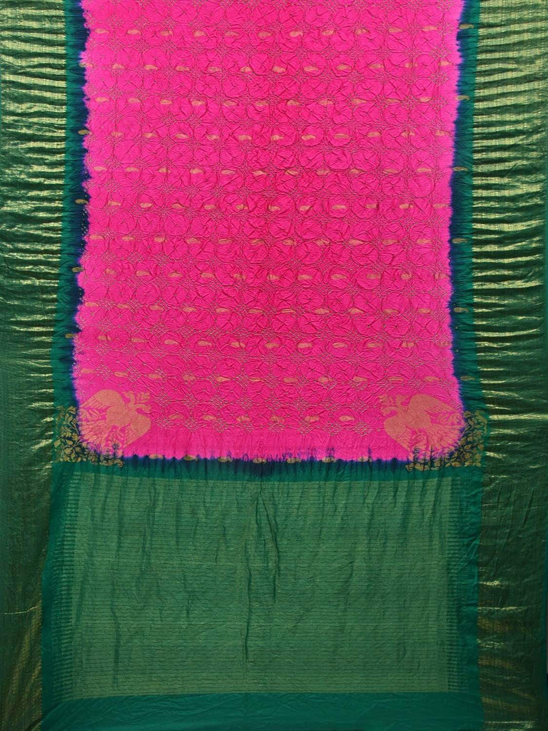 Pink and Green Bandhani Kanchipuram Silk Handloom Saree with Corner Gandberuda Design bn0300