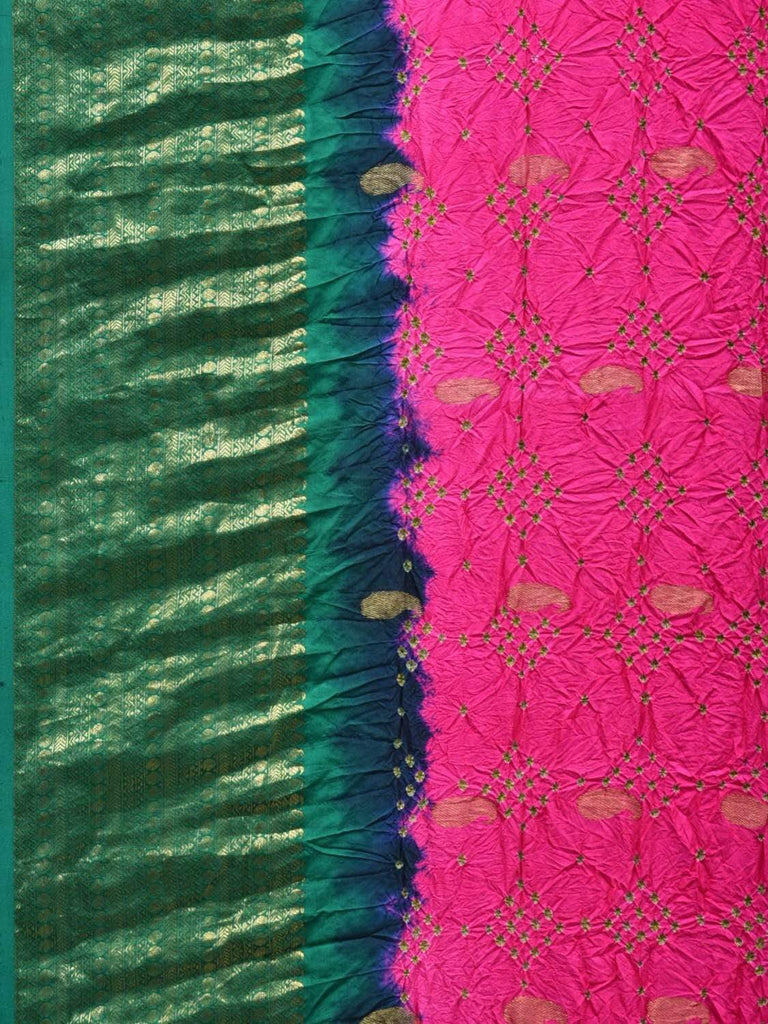 Pink and Green Bandhani Kanchipuram Silk Handloom Saree with Corner Gandberuda Design bn0300