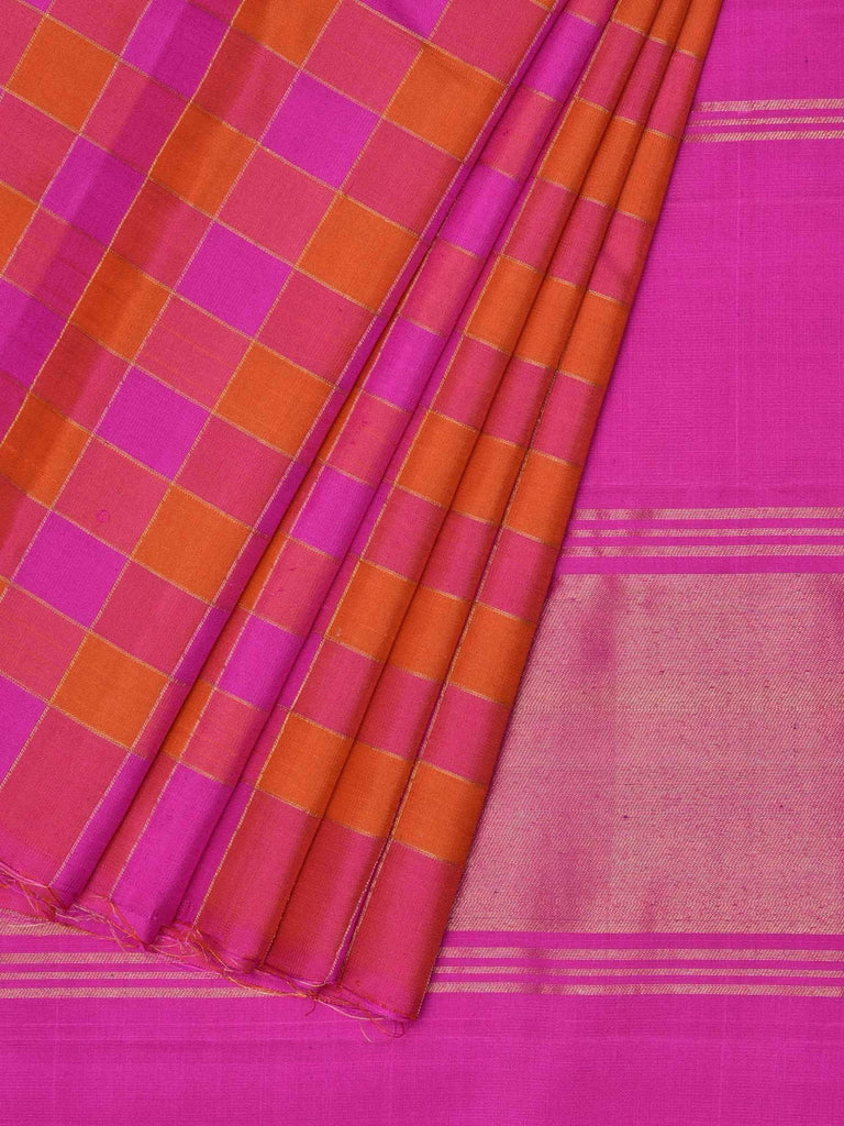 Pink and Orange Kanchipuram Silk Handloom Saree with Checks Design K0350