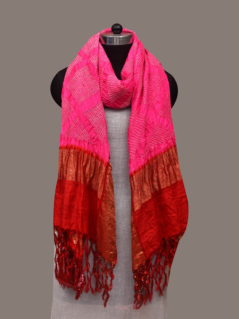 Pink and Red Bandhani Kanchipuram Silk Handloom Dupatta with Border Design ds2962