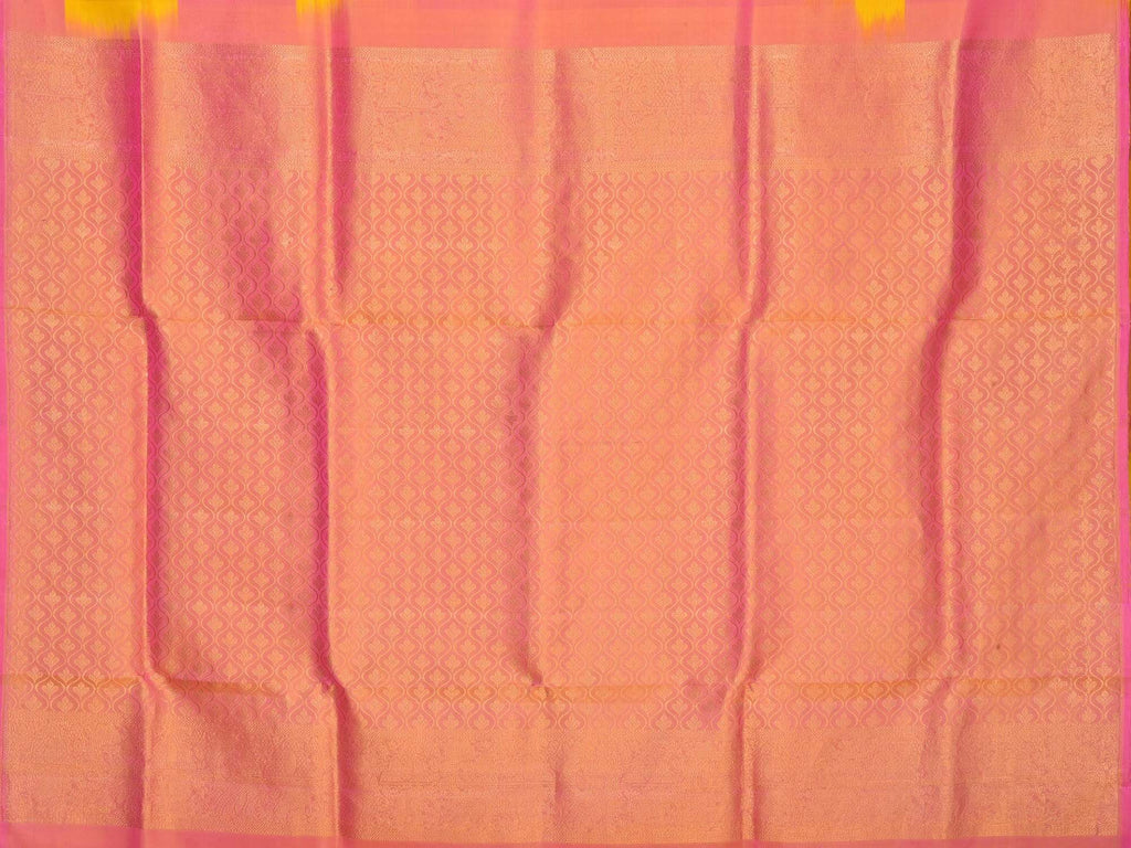 Pink and Yellow Kanchipuram Silk Handloom Saree with Peacock Buta and Checks Design K0386