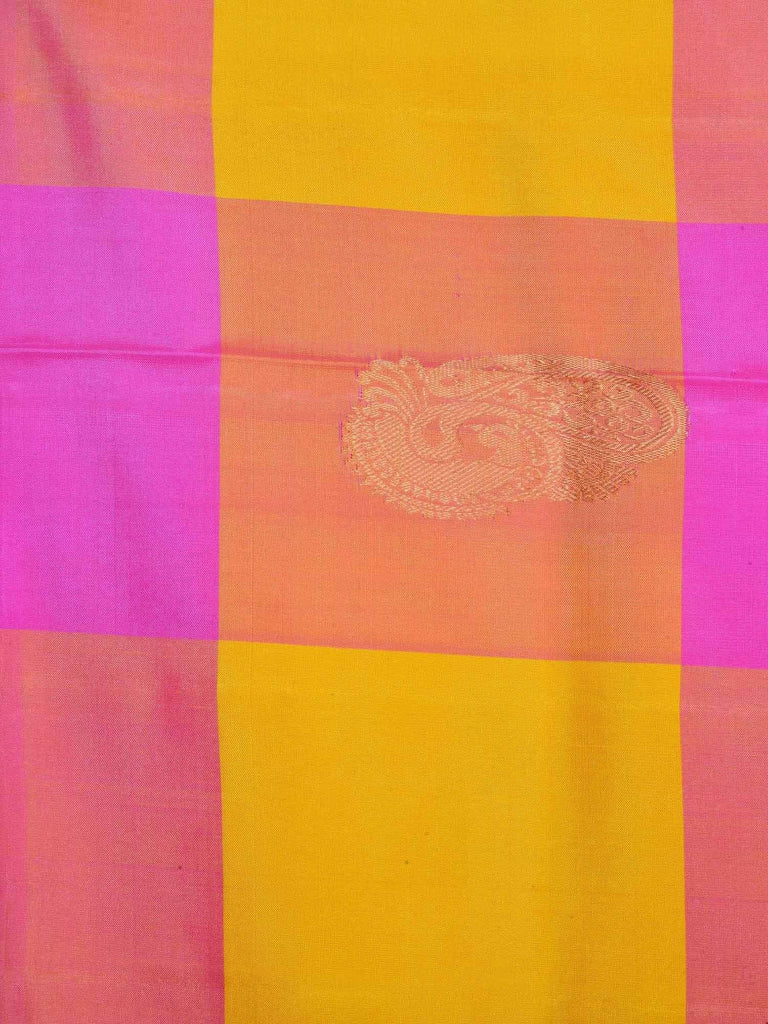 Pink and Yellow Kanchipuram Silk Handloom Saree with Peacock Buta and Checks Design K0386