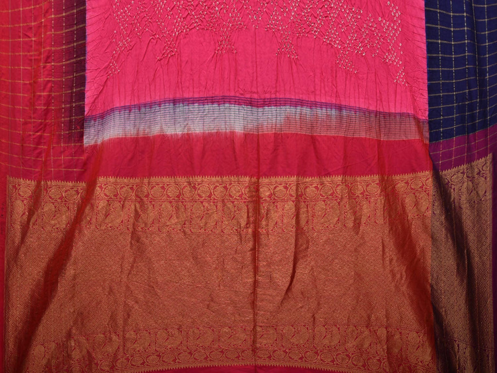 Pink Bandhani Gadwal Silk Handloom Saree with Kalamkari Checks Border Design bn0419