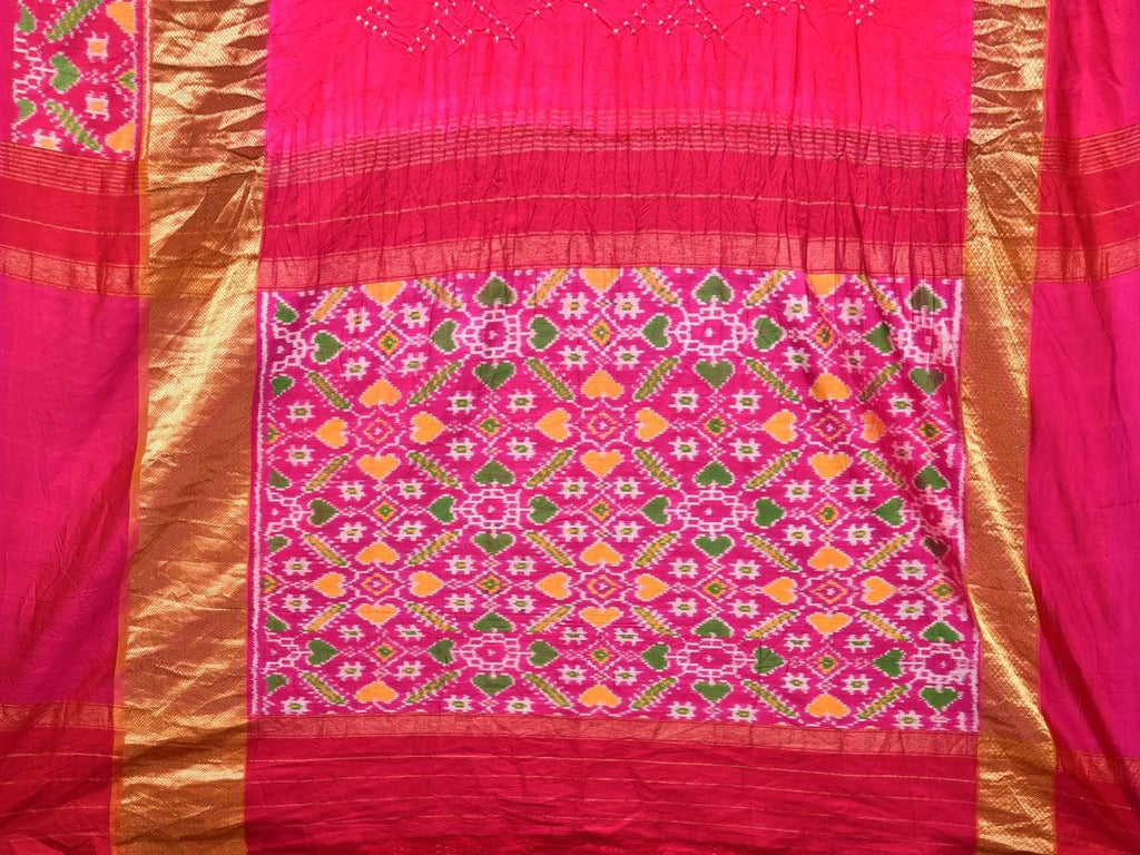 Pink Bandhani Pochampally Ikat Silk Handloom Saree with Border Design bn0152