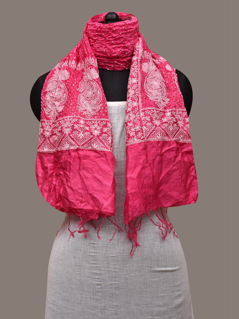 Pink Bandhani Silk Stole with Embroidary Work Design ds2860