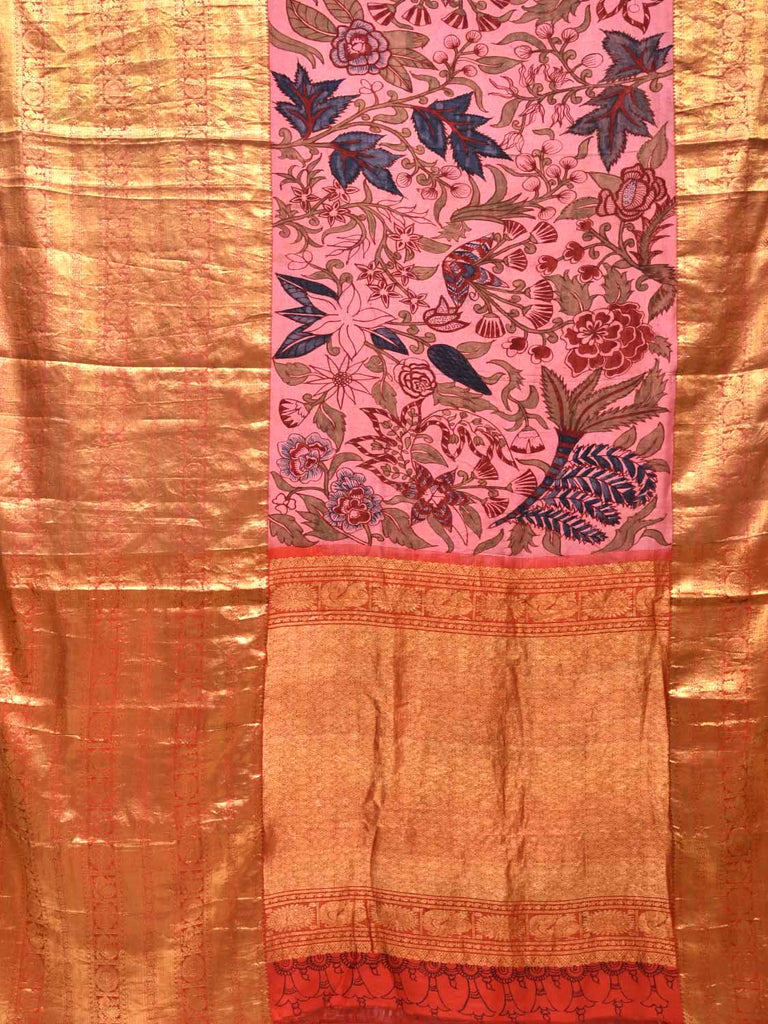 Pink Kalamkari Hand Painted Kanchipuram Silk Handloom Saree with Big Flowers Design KL0252