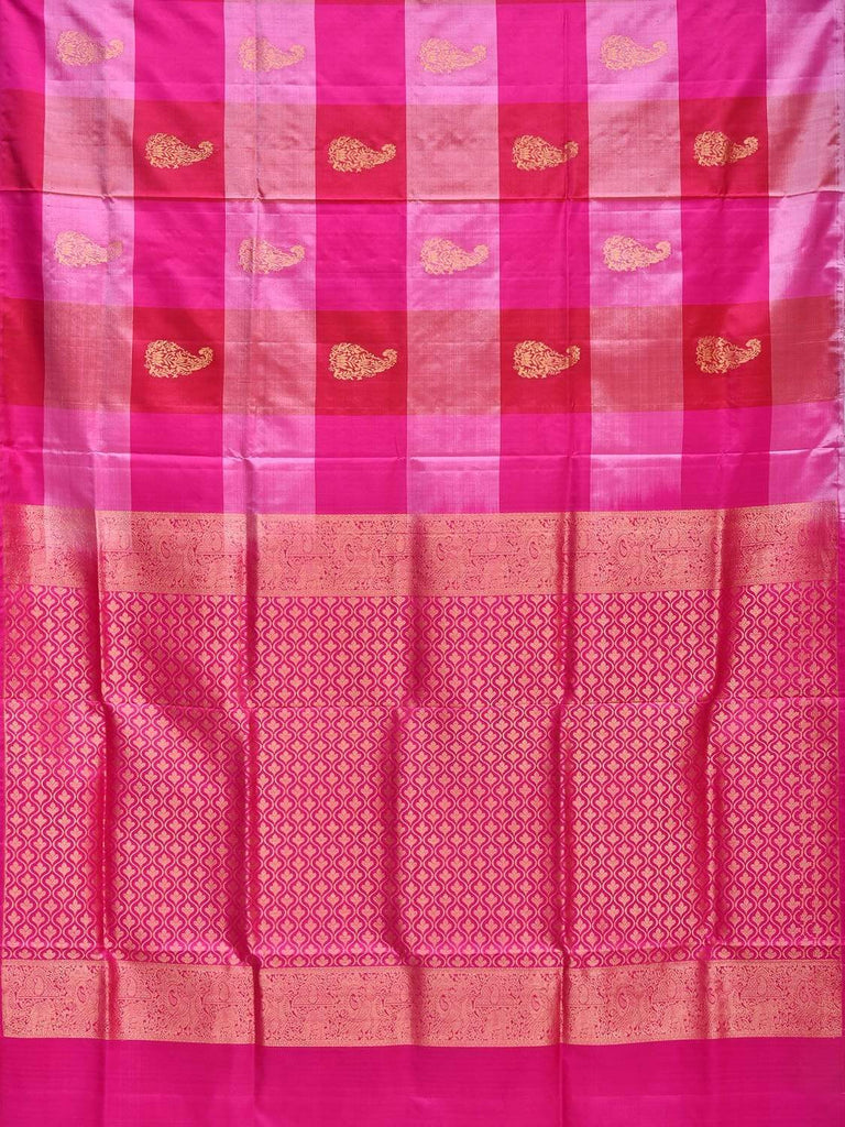 Pink Kanchipuram Silk Handloom Saree with Checks and Mango Buta Design k0469