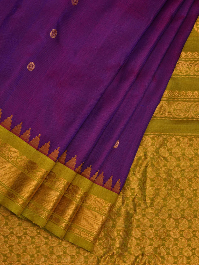 Purple and Olive Gadwal Silk Handloom Saree with Buta and Temple Border Design g0329