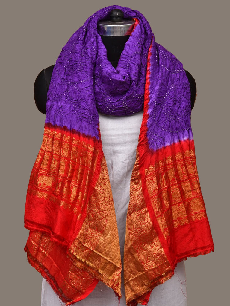 Purple and Red Bandhani Kanchipuram Silk Handloom Dupatta with Border Design ds3120