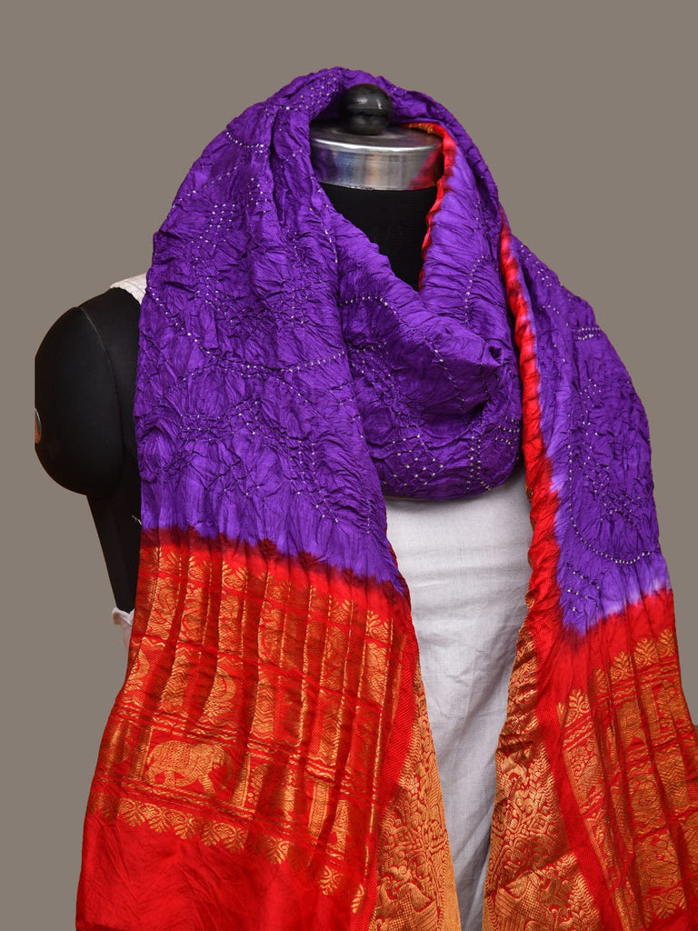 Purple and Red Bandhani Kanchipuram Silk Handloom Dupatta with Border Design ds3120