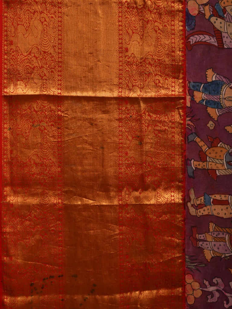 Purple Kalamkari Hand Painted Kanchipuram Silk Handloom Saree with Krishna Leela Design KL0670