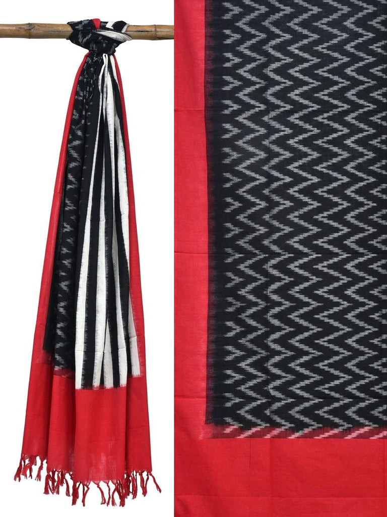 Red and Black Pochampally Ikat Cotton Handloom Dupatta with Strips and Zig-Zag Design ds1834
