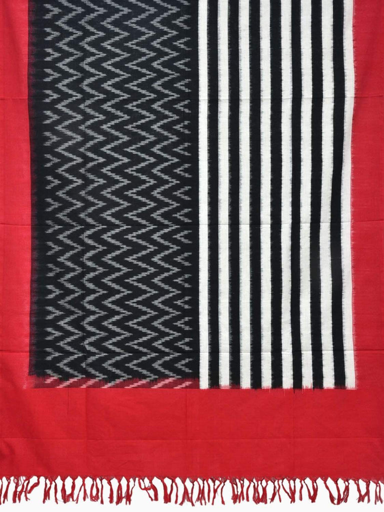 Red and Black Pochampally Ikat Cotton Handloom Dupatta with Strips and Zig-Zag Design ds1834