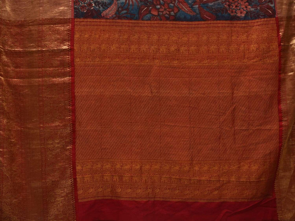 Red and Blue Kalamkari Hand Painted Kanchipuram Silk Handloom Saree with Birds and Floral Design KL0553
