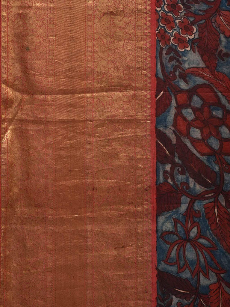 Red and Blue Kalamkari Hand Painted Kanchipuram Silk Handloom Saree with Birds and Floral Design KL0553