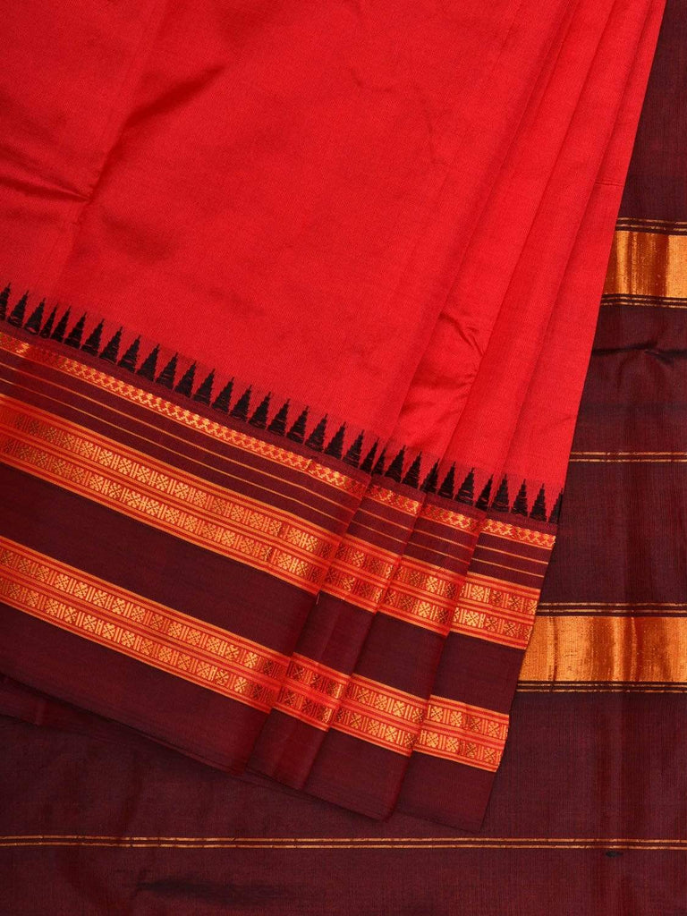 Red and Brown Narayanpet Silk Plain Saree with Traditional Border Design No Blouse np0501