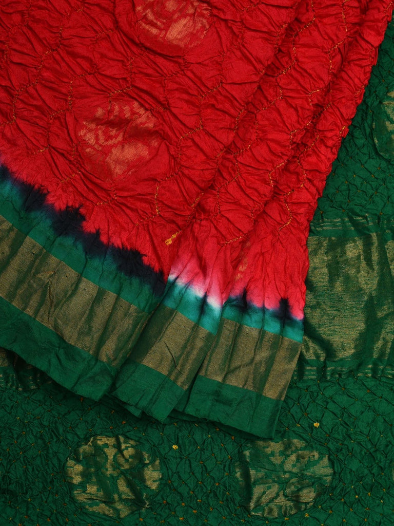 Red and Green Bandhani Uppada Silk Handloom Saree with Nilambari Buta Design bn0330