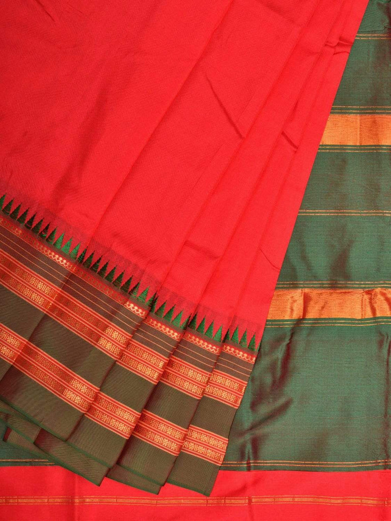 Red and Green Narayanpet Silk Handloom Plain Saree with Traditional Border Design No Blouse np0345