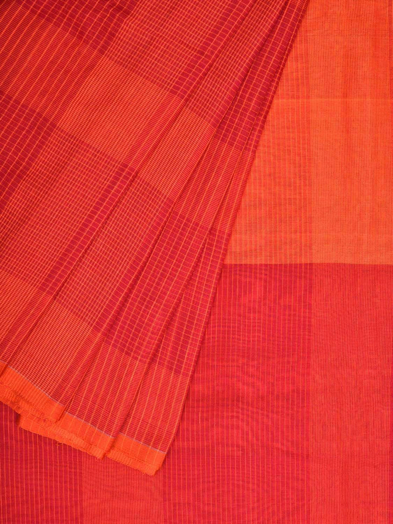 Red and Orange Soft Cotton Handloom Saree with Checks Design o0286