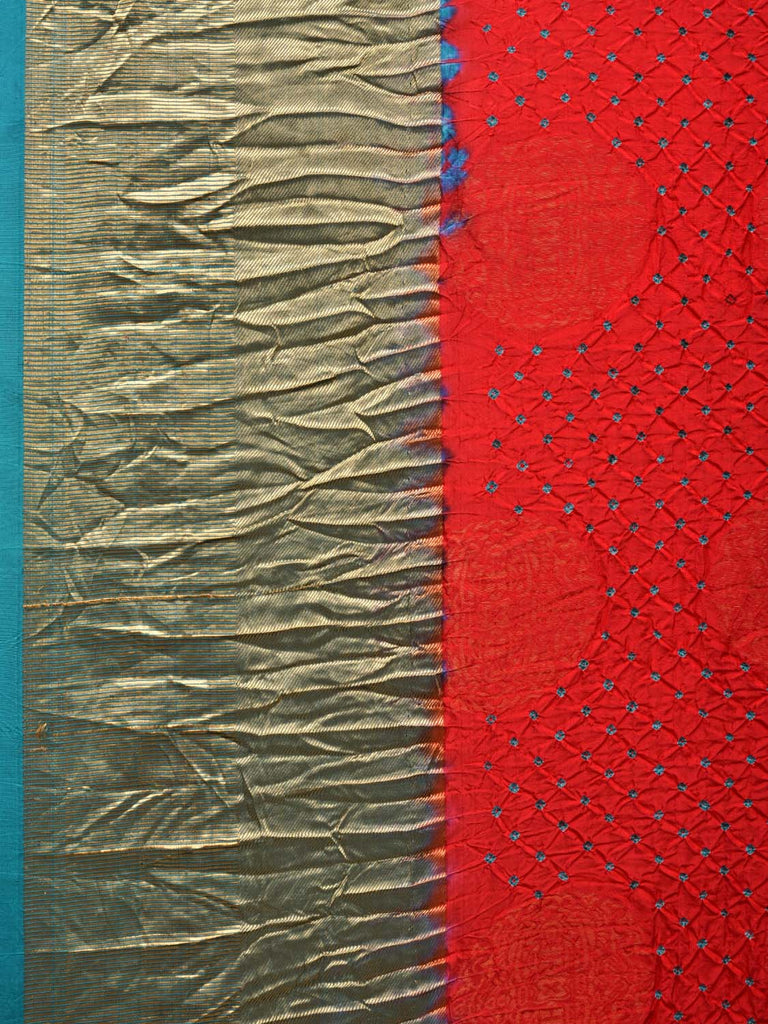 Red and Teal Bandhani Kanchipuram Silk Handloom Saree with Big Buta Design bn0207