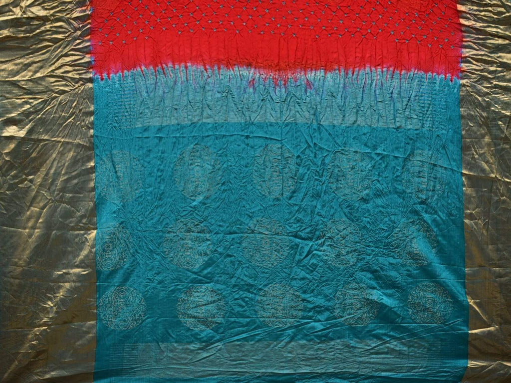 Red and Teal Bandhani Kanchipuram Silk Handloom Saree with Big Buta Design bn0207