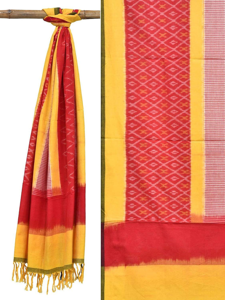 Red and Yellow Pochampally Ikat Cotton Handloom Dupatta with Triple Design ds1809