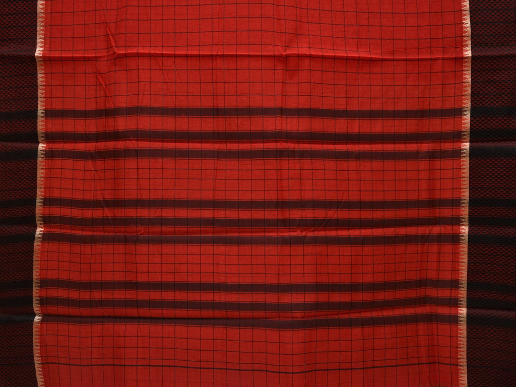 Red Bamboo Cotton Saree with Checks Design No Blouse o0362