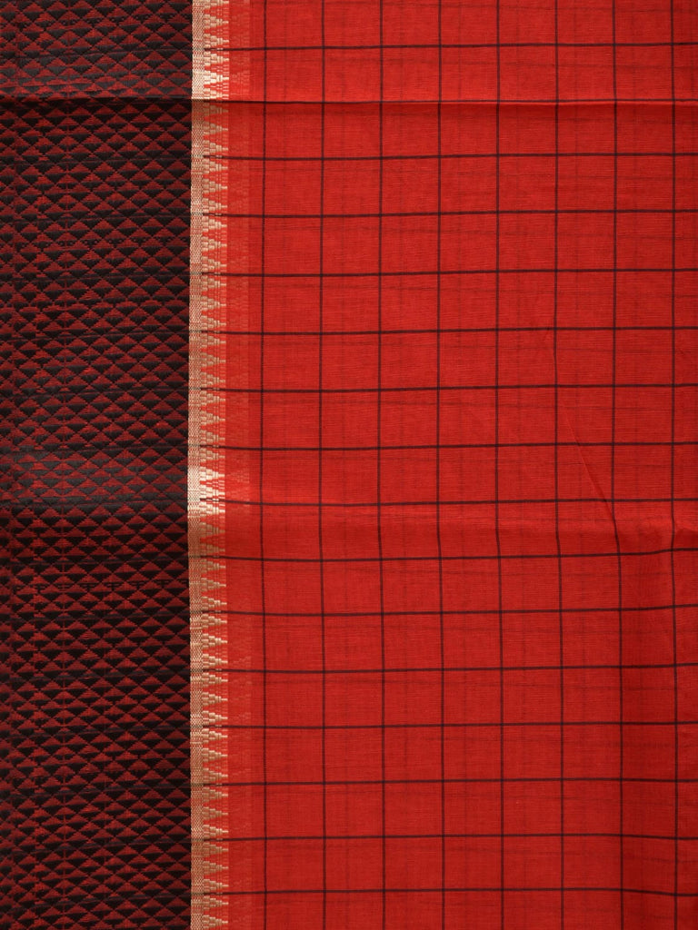 Red Bamboo Cotton Saree with Checks Design No Blouse o0362