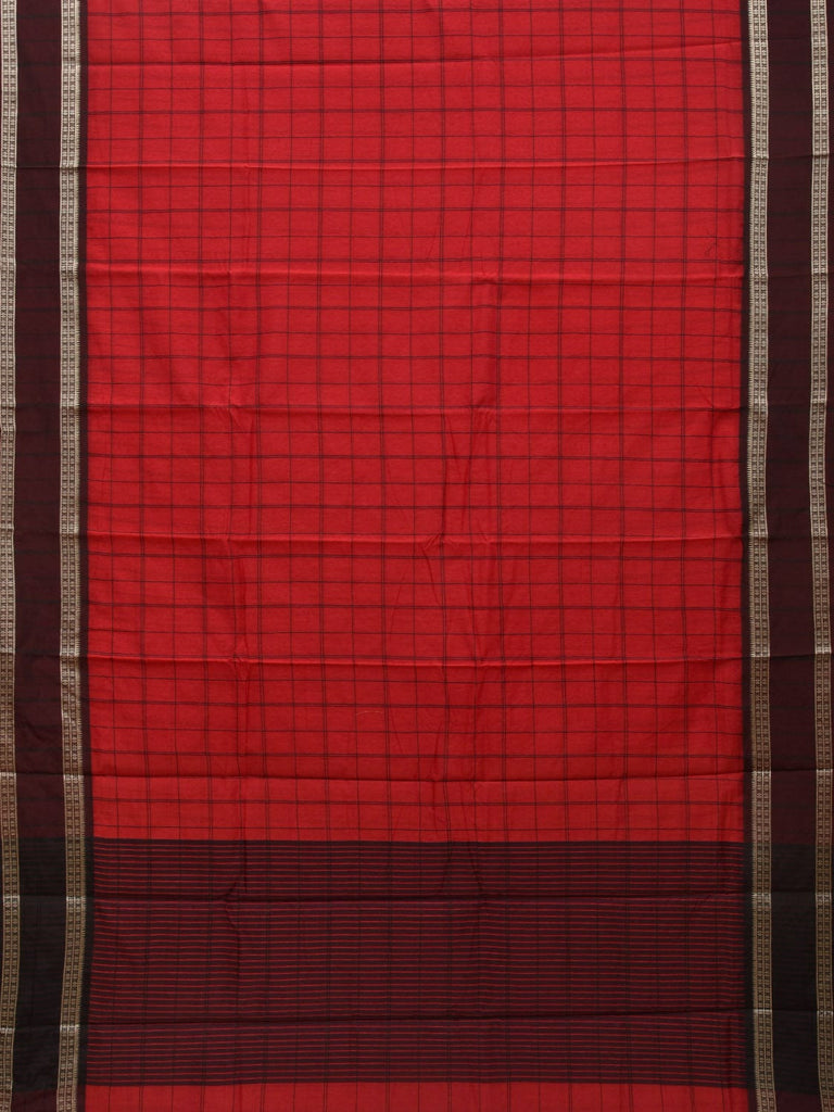 Red Bamboo Cotton Saree with Checks Design No Blouse o0366