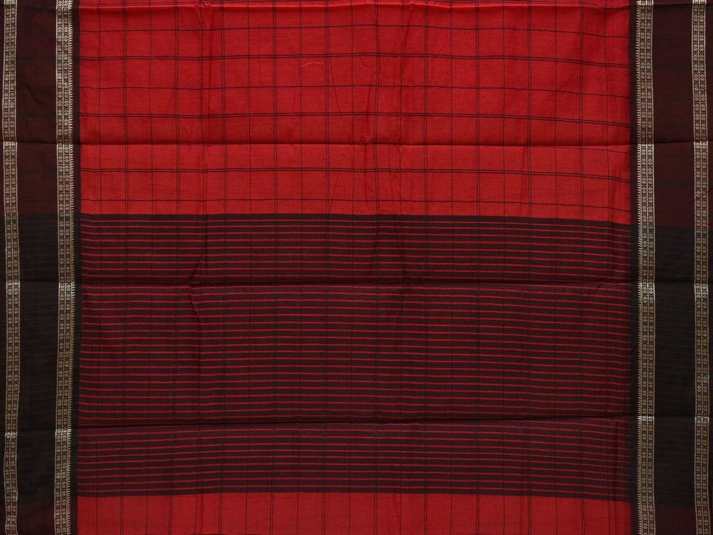 Red Bamboo Cotton Saree with Checks Design No Blouse o0366