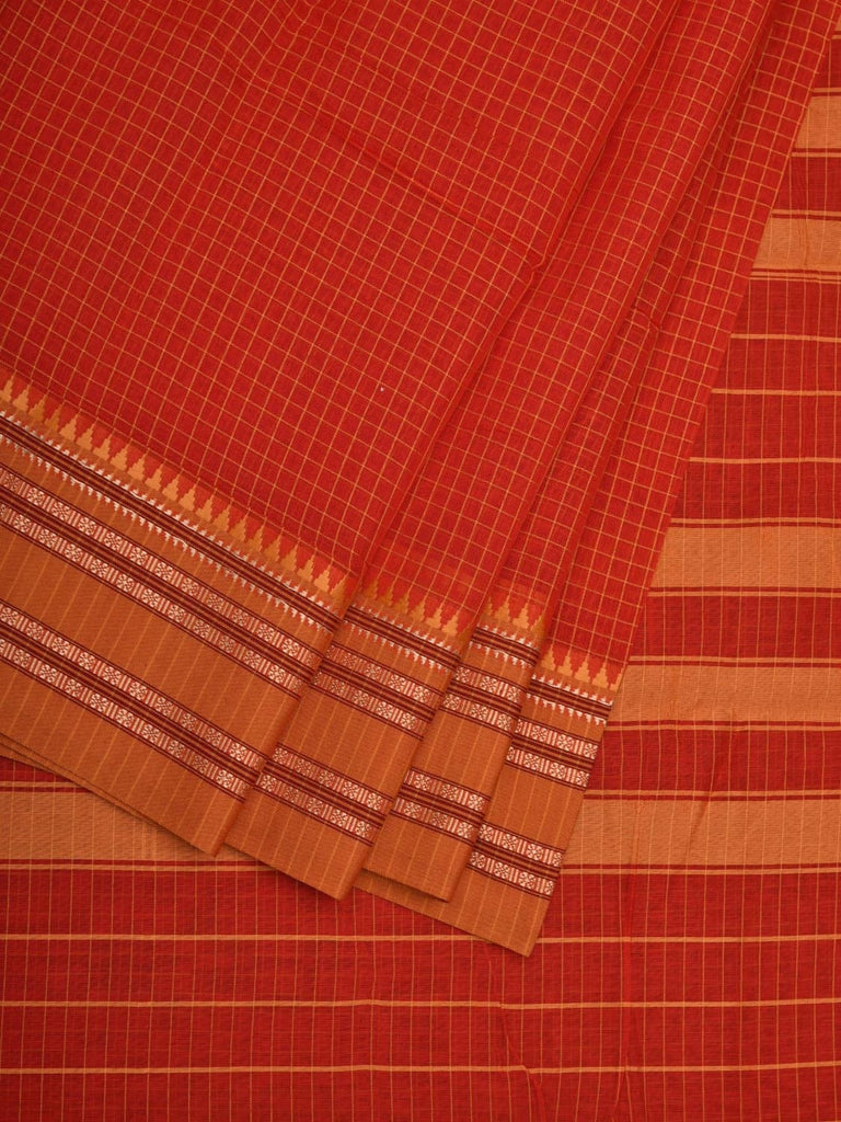 Red Bamboo Cotton Saree with Small Checks Design No Blouse o0354