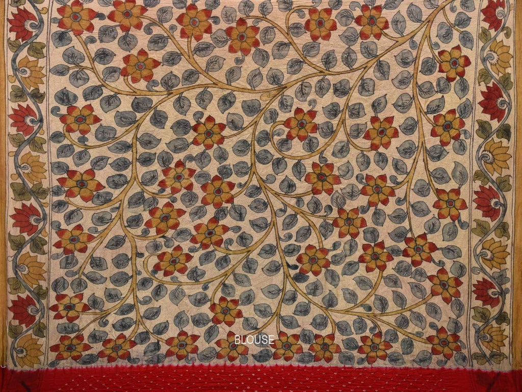 Red Bandhani Kalamkari Tussar Handloom Saree with Pallu Design bn0170