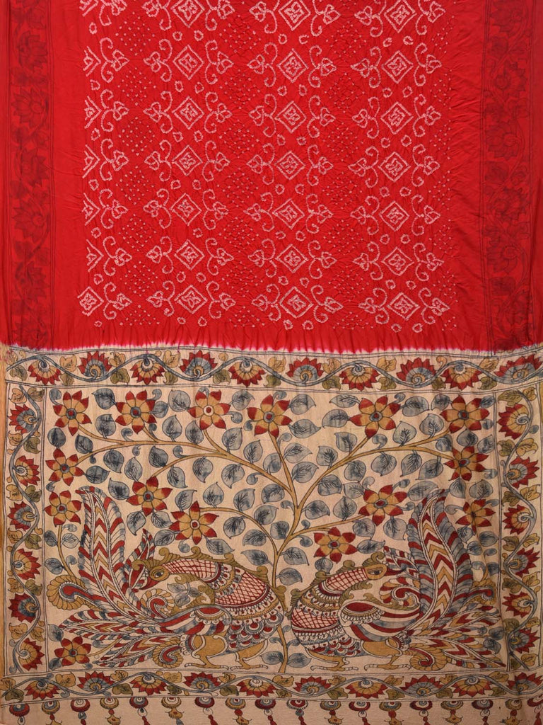 Red Bandhani Kalamkari Tussar Handloom Saree with Pallu Design bn0170